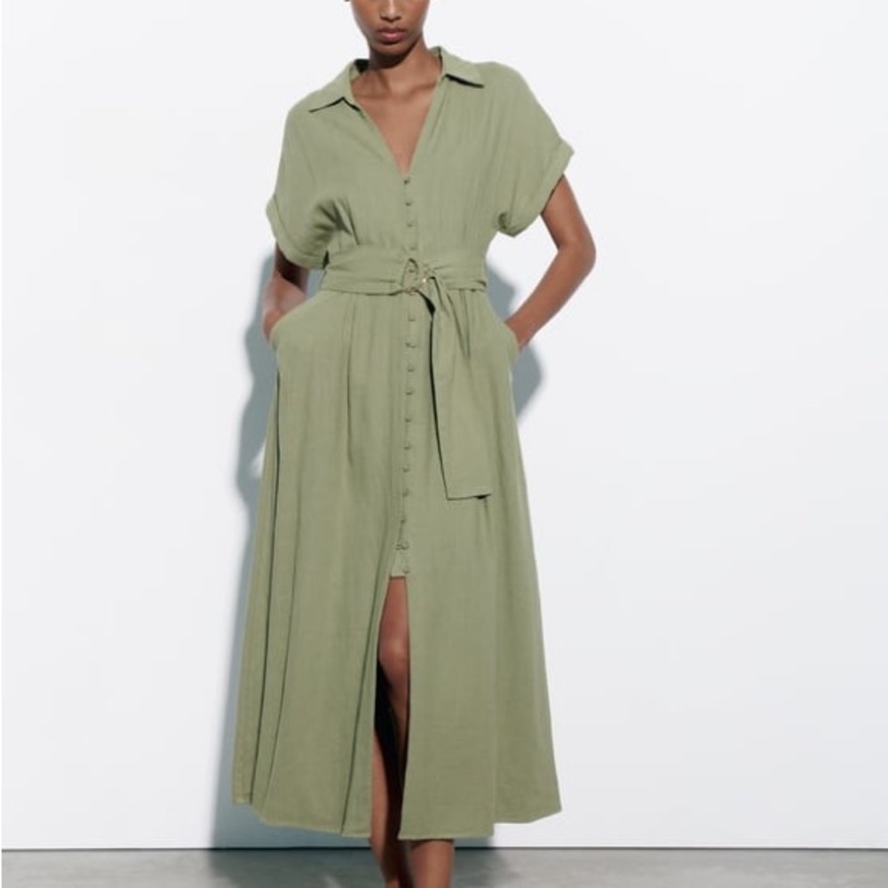 Zara New Linen blend Olive Green Button-Down Midi Dress